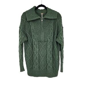 Free People Green Driftwood Chunky Cable Knit Oversized Polo Zip Sweater Size XS